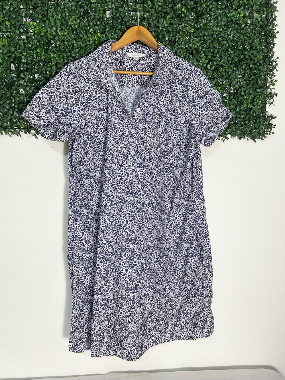 Garnet Hill Linen Relaxed Popover Shirtdress Navy Purple Floral Pockets Large